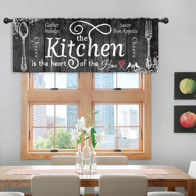 Riyidecor Farmhouse Black White Kitchen Curtains and Valances 3 Piece Set Rod Pocket 36 Inch Short Rustic Country Fork and Spoon Wooden Retro Vintage Funny Quotes Bedroom Living Room Treatment Fabric - Image 4